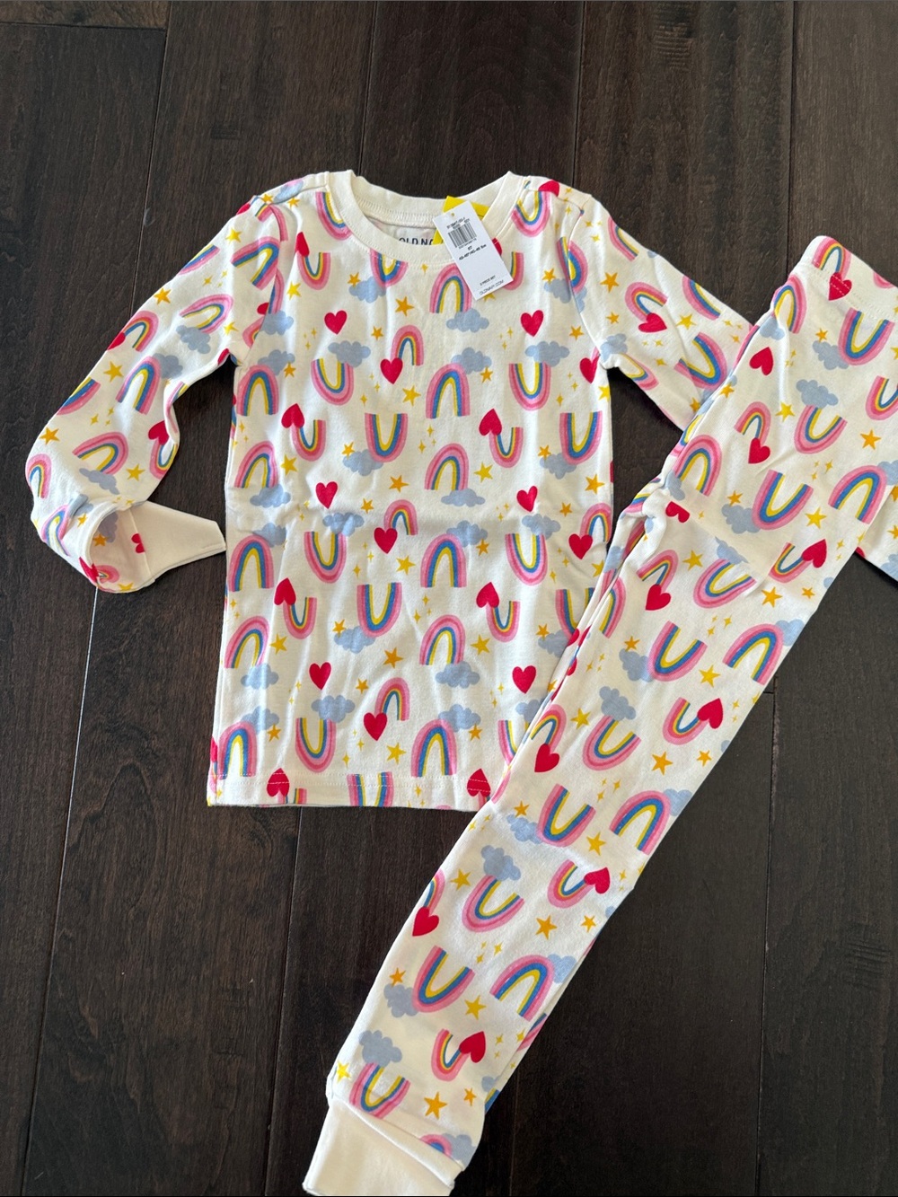 NWT Old Navy Cotton Pajama Set with Rainbows, Pink Hearts & Yellow Stars